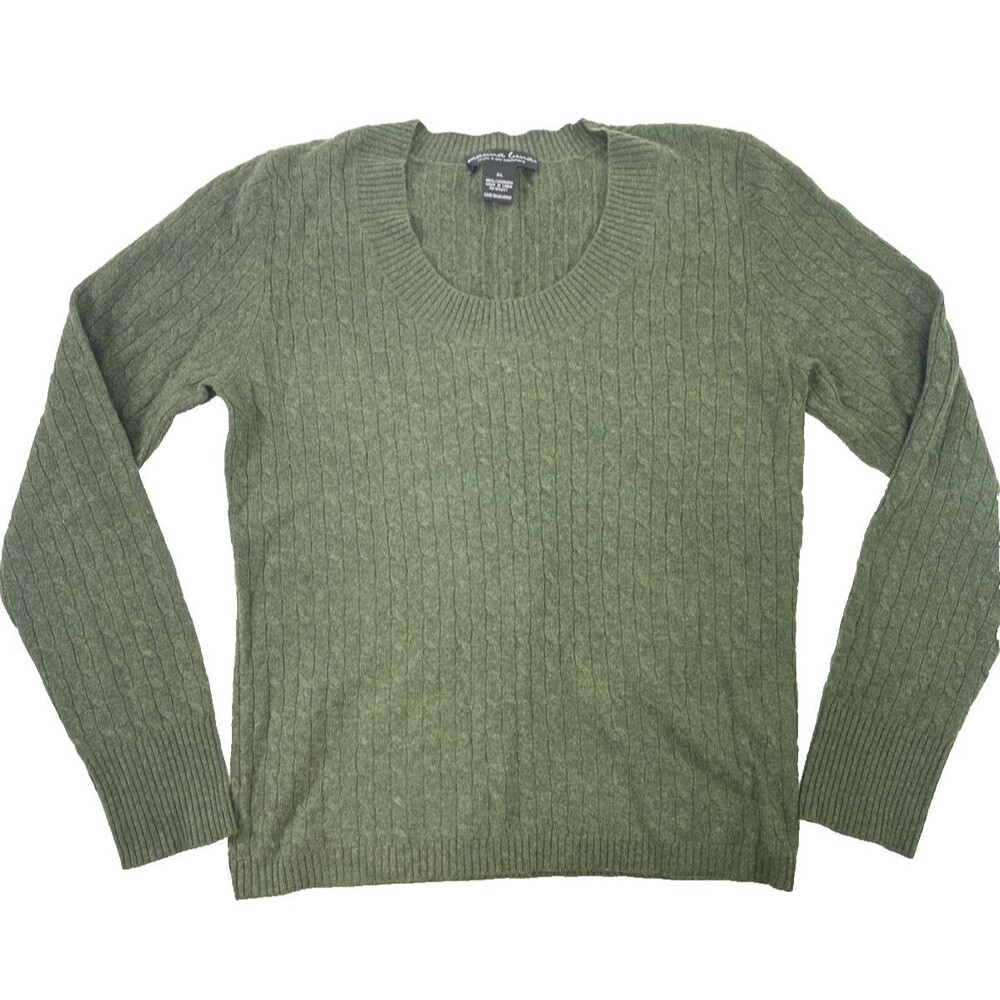 Marina Luna 2-Ply Cashmere Sweater Green Pullover Fitted Cable Knit Womens XL